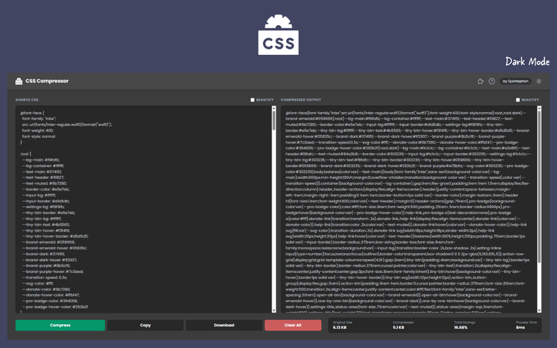 CSS Compressor dashboard preview