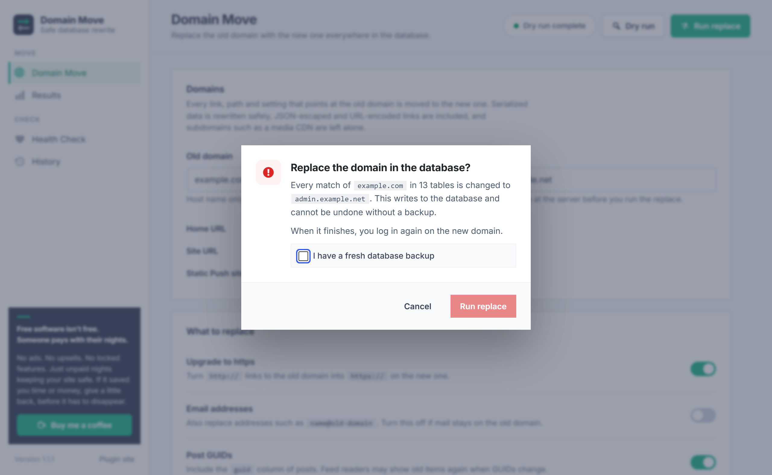 Domain Move confirmation dialog before the replace
