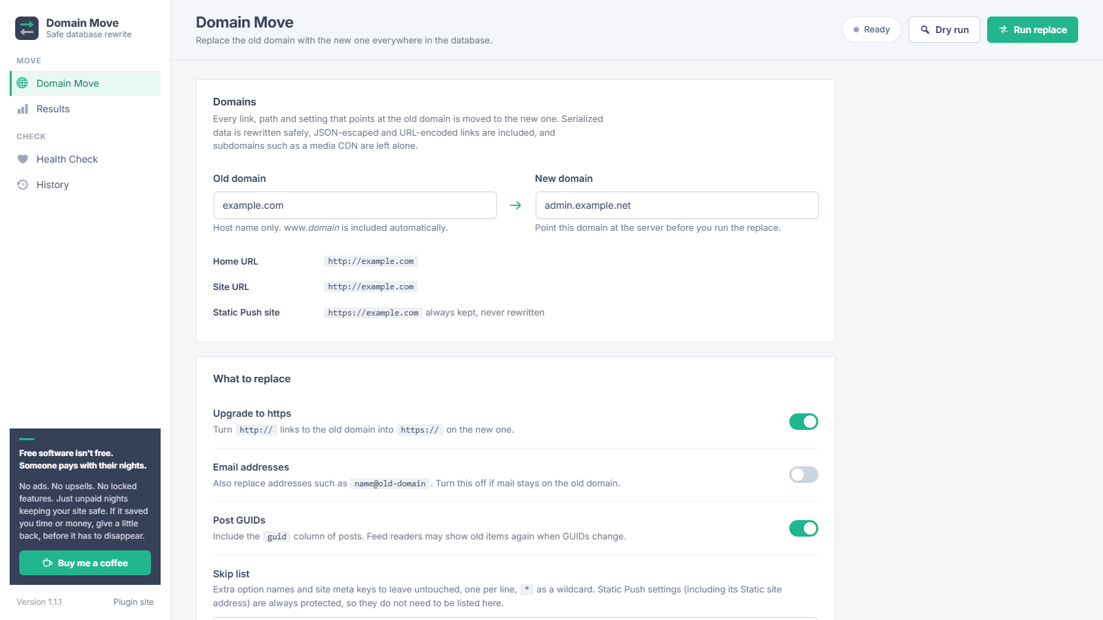 Domain Move screen in WordPress