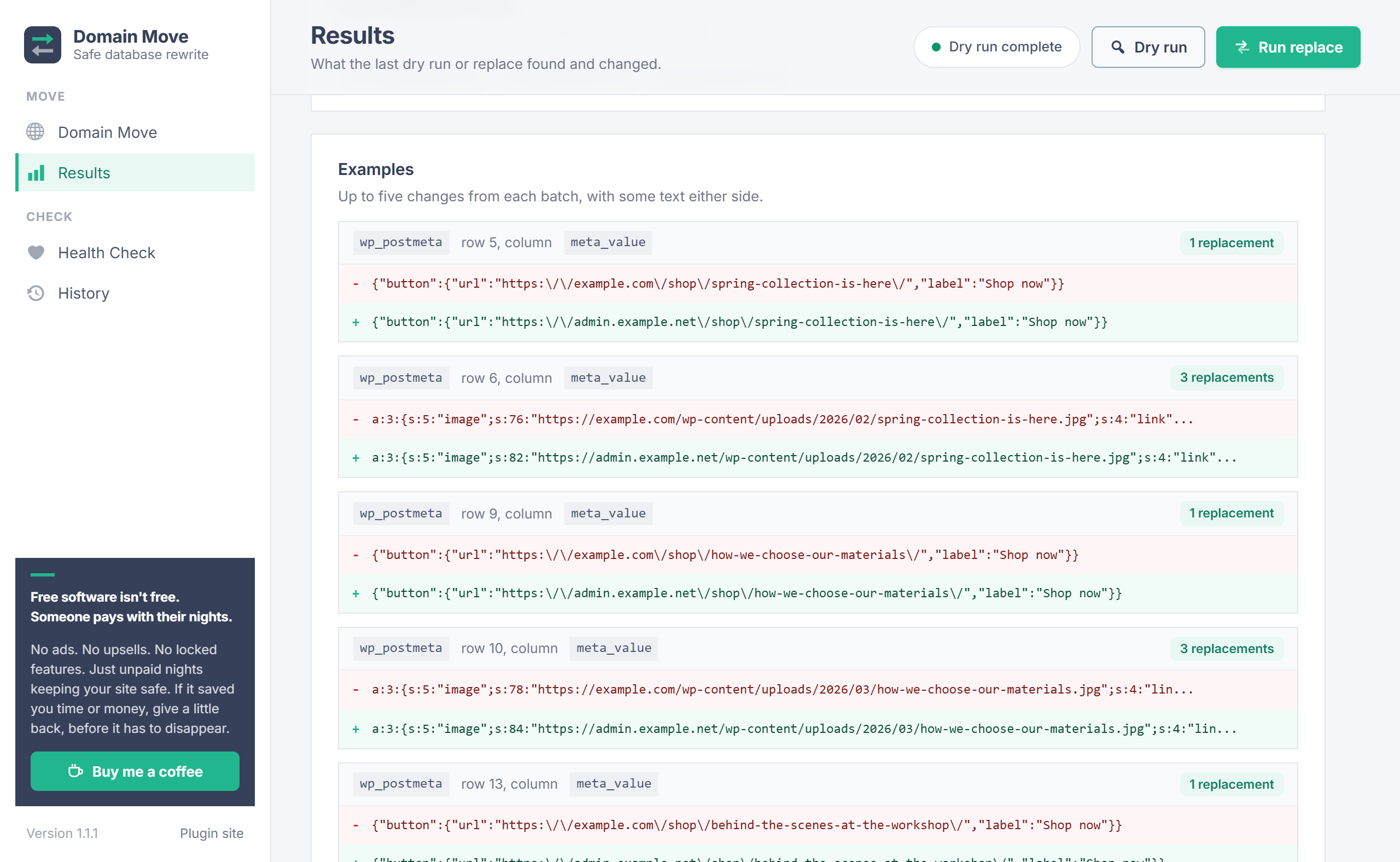 Domain Move before and after examples for JSON and serialized data