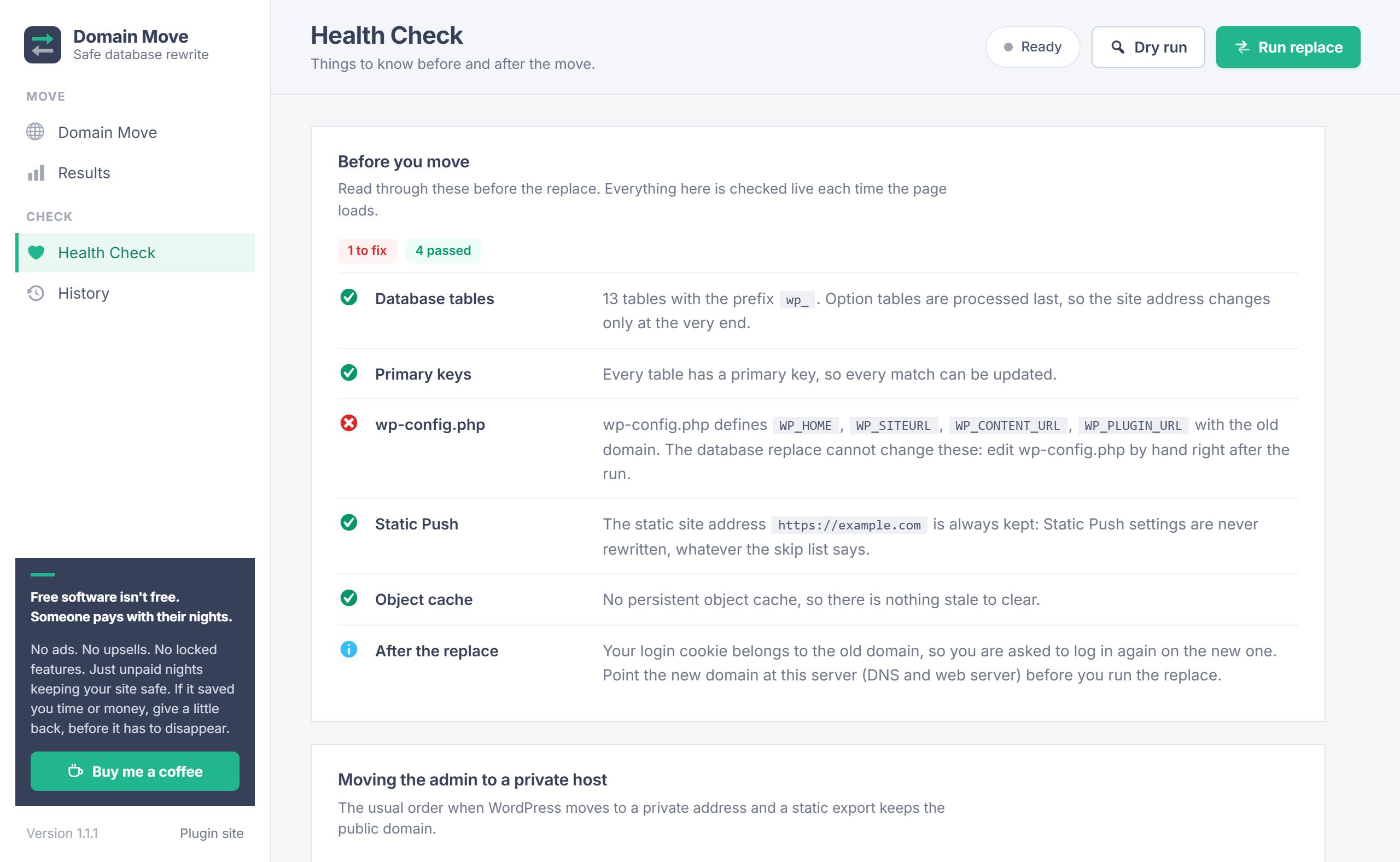 Domain Move Health Check results