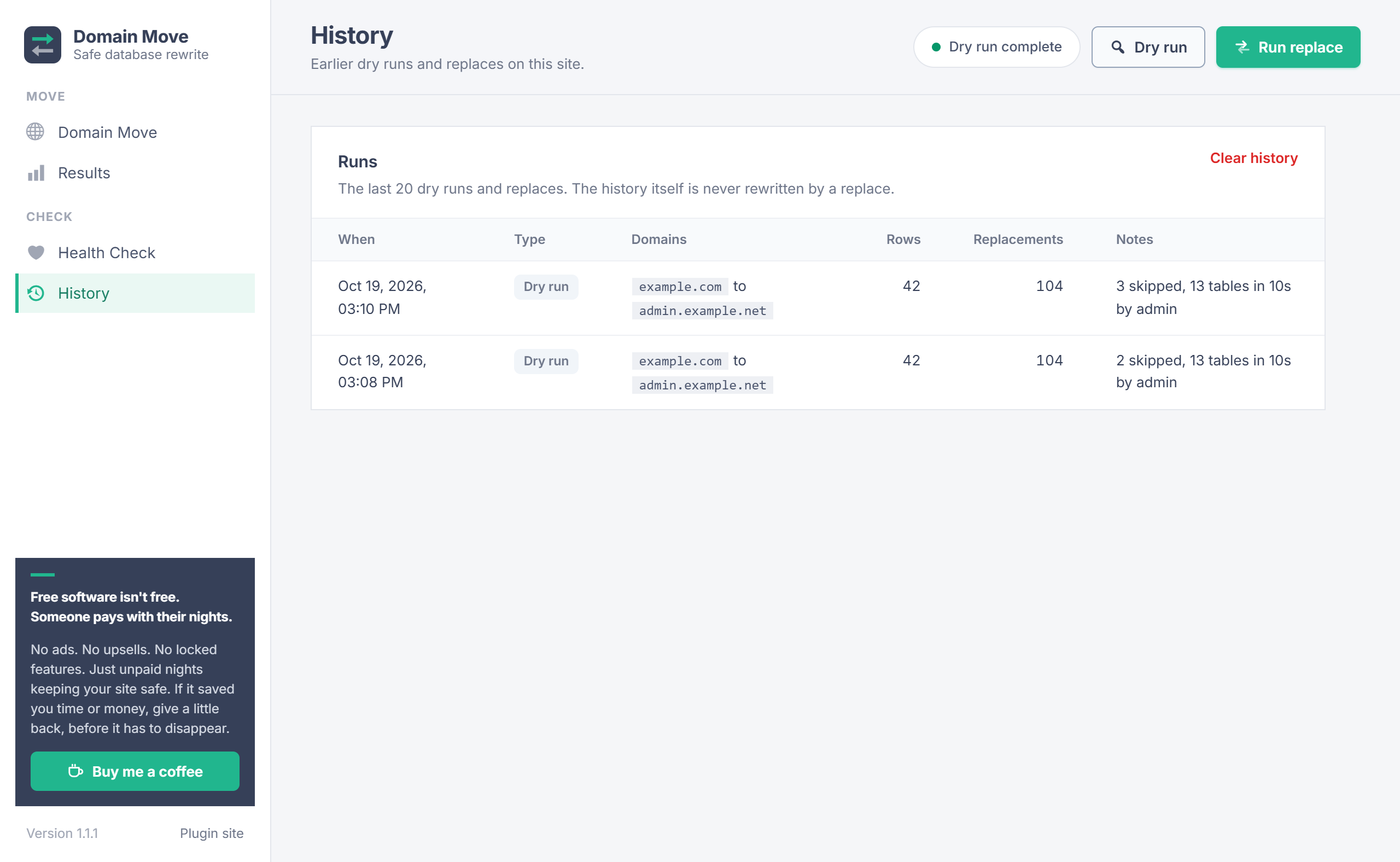 Domain Move run history