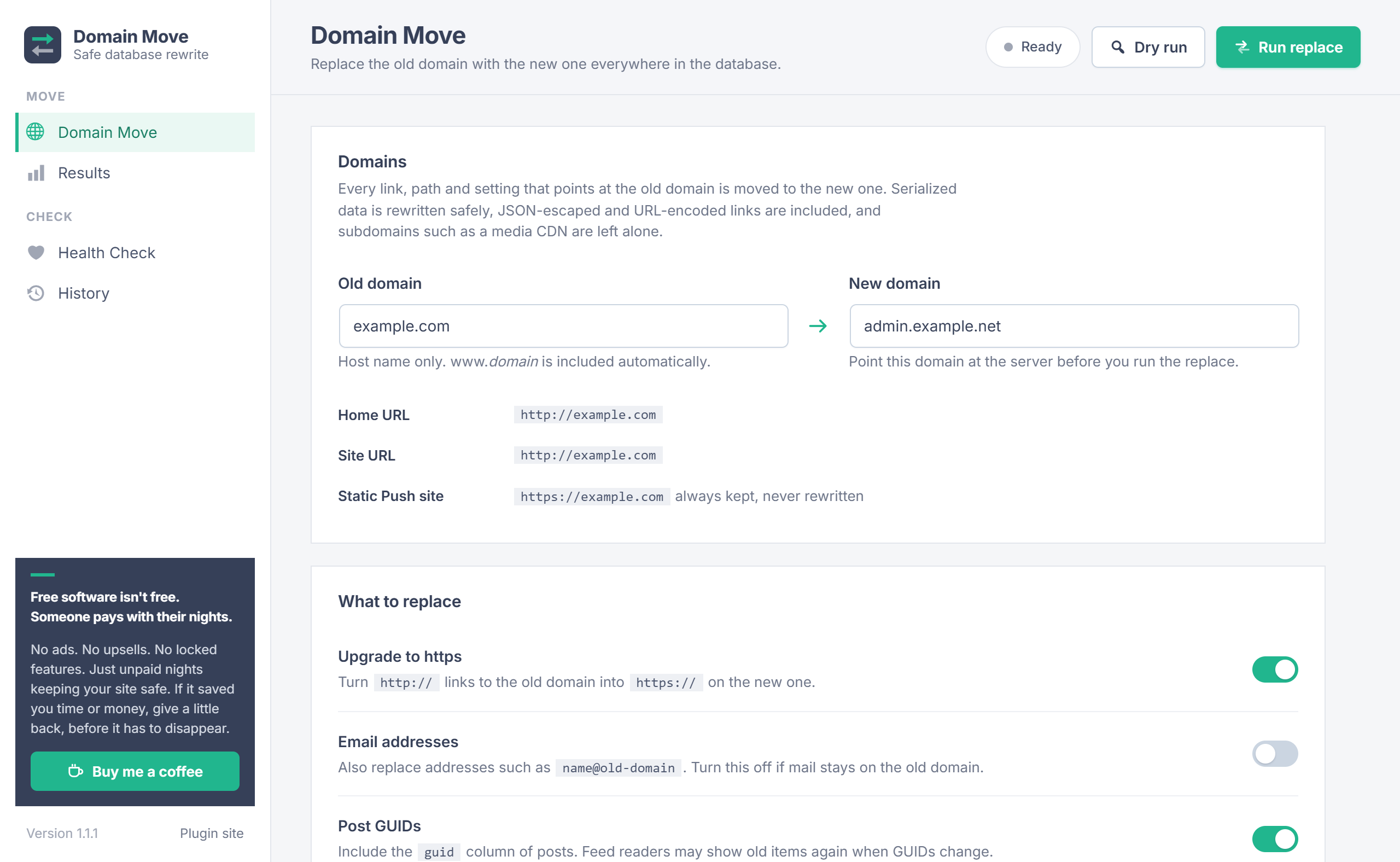 Domain Move screen with the old and new domain
