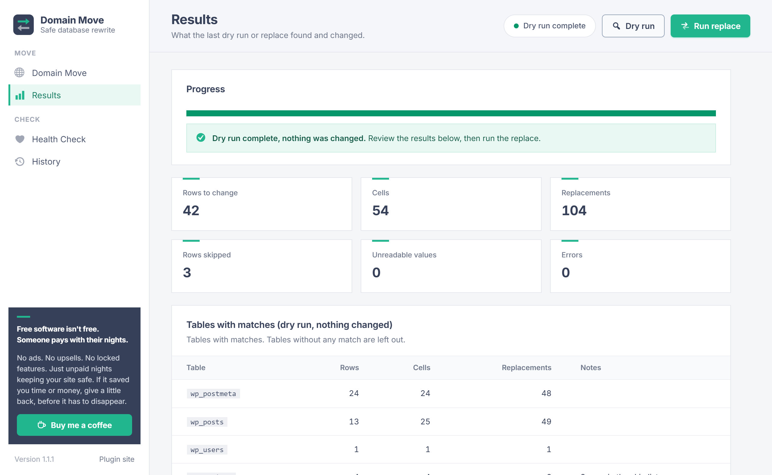 Domain Move dry run results with totals and tables