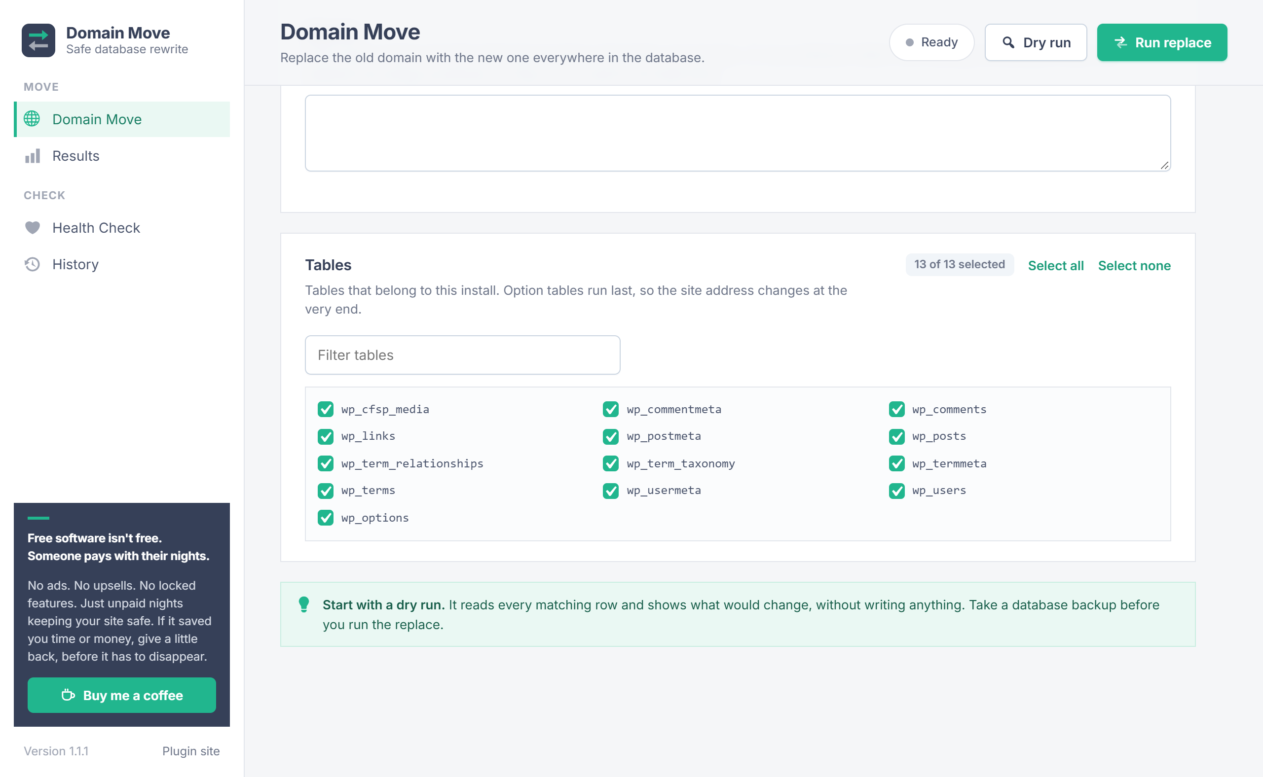 Domain Move table list with filter and select all