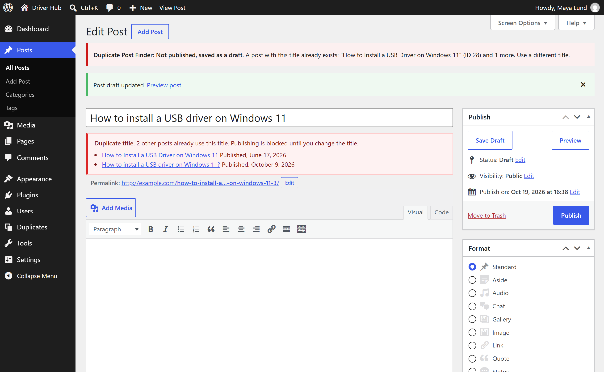 Duplicate Post Finder Classic editor screen in WordPress