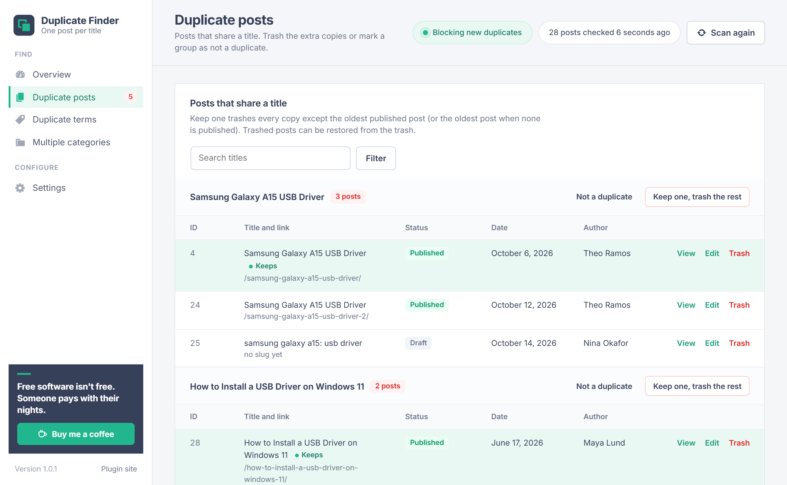Duplicate Post Finder Duplicate posts screen in WordPress