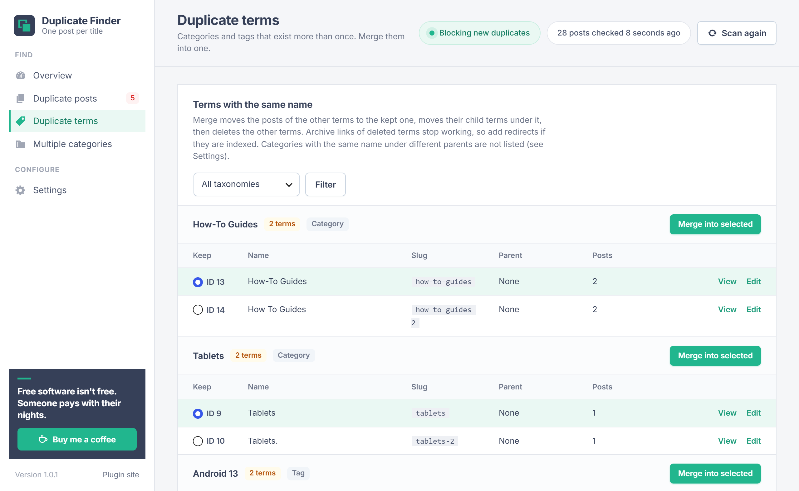 Duplicate Post Finder Duplicate terms screen in WordPress