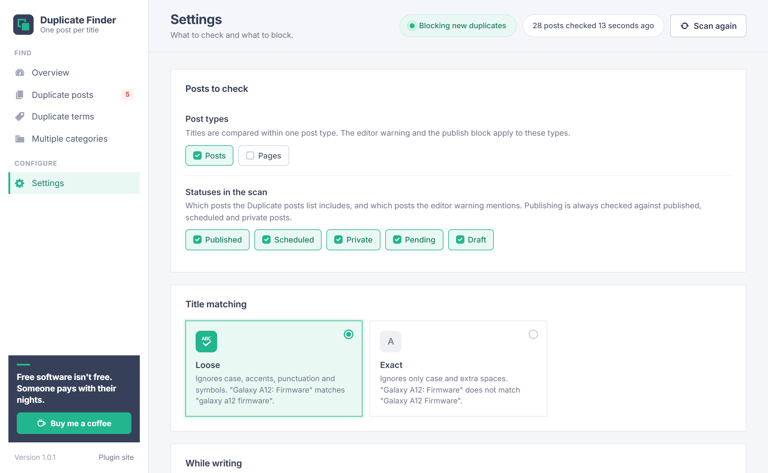 Duplicate Post Finder Settings screen in WordPress