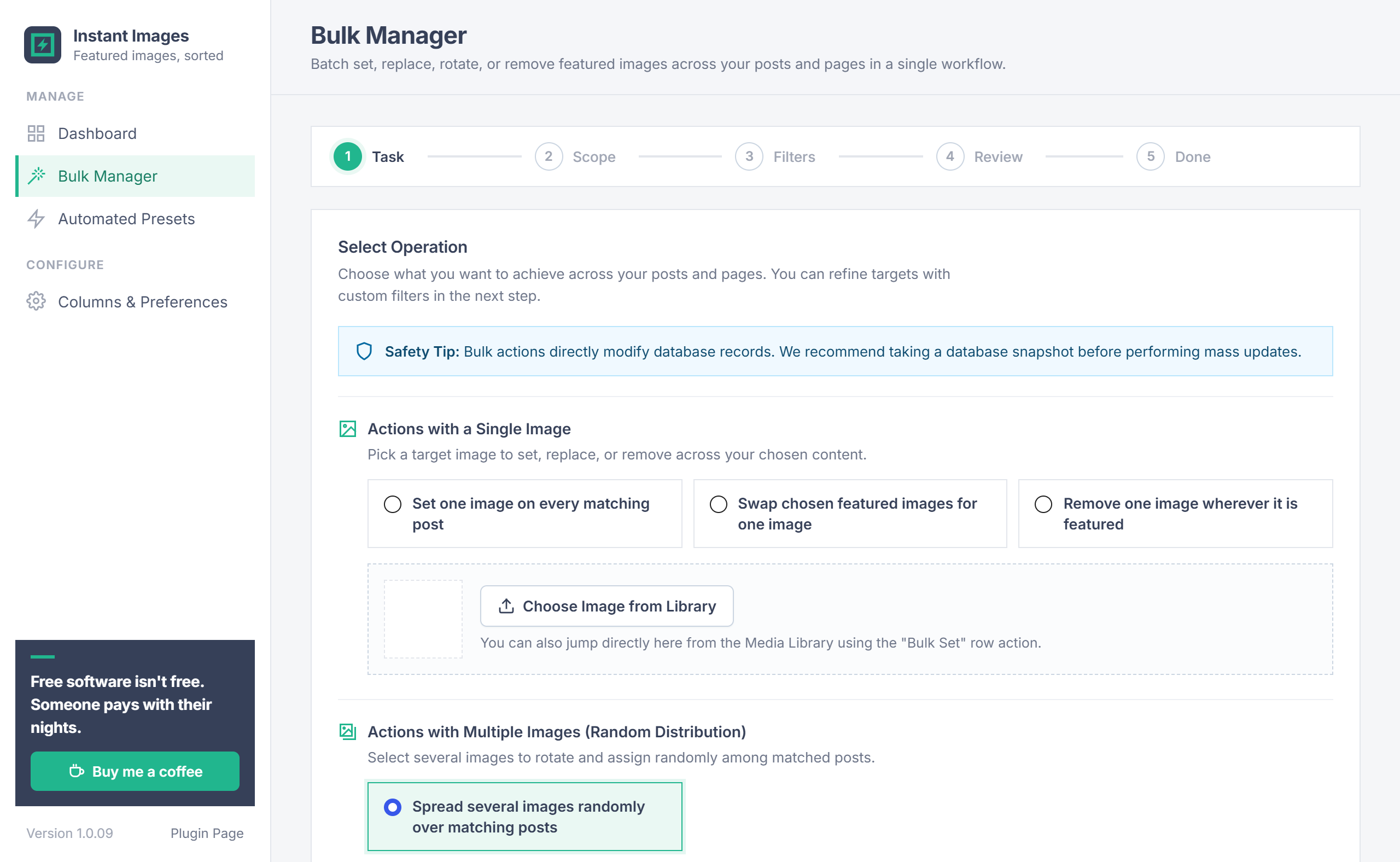 Instant Featured Images Bulk Manager screen in WordPress