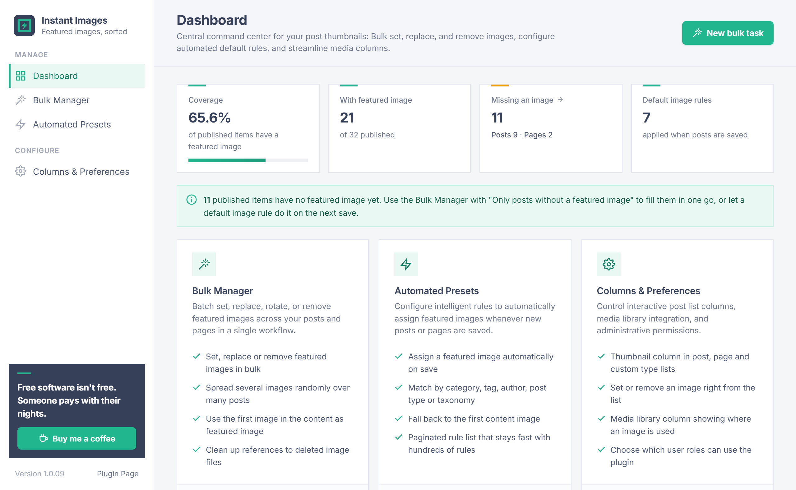 Instant Featured Images Dashboard screen in WordPress