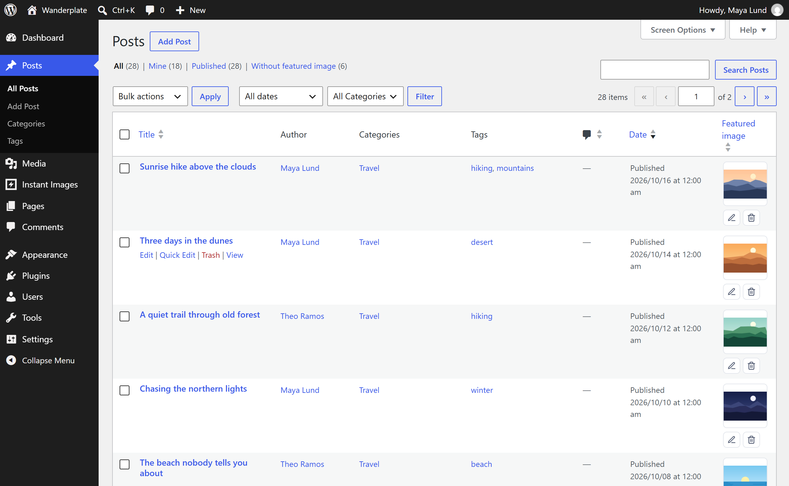 Instant Featured Images Post lists screen in WordPress