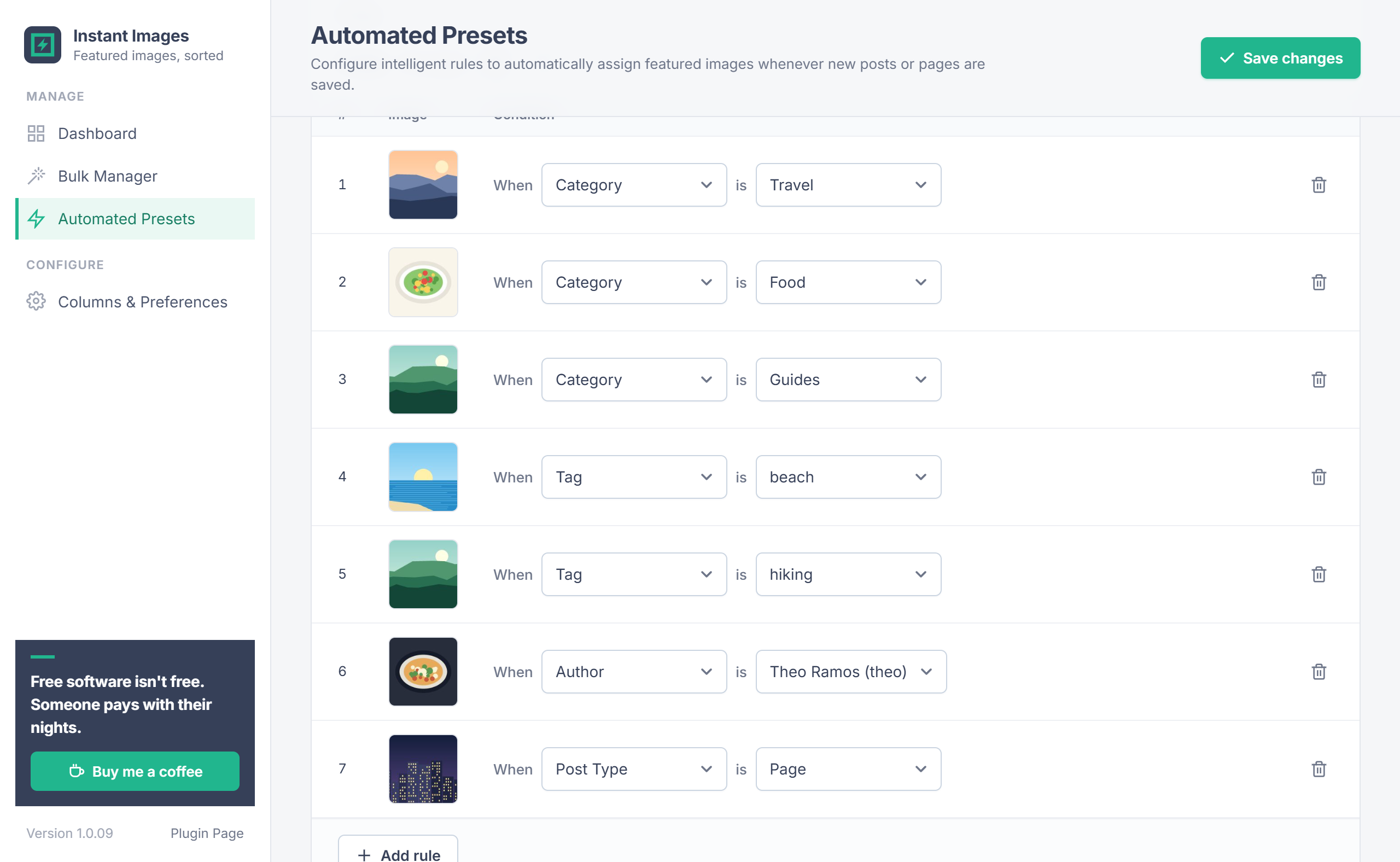 Instant Featured Images Automated Presets screen in WordPress