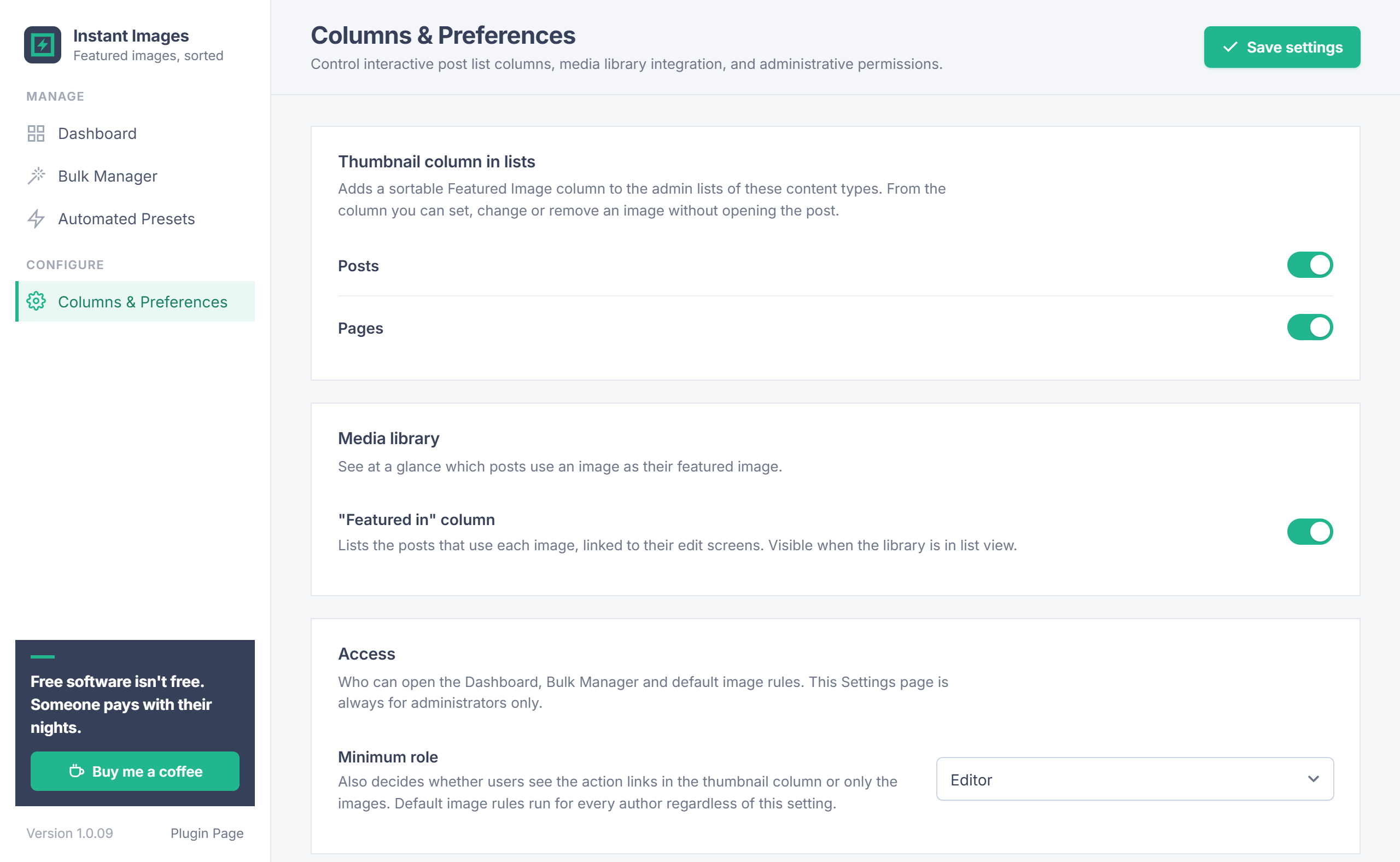 Columns and Preferences settings