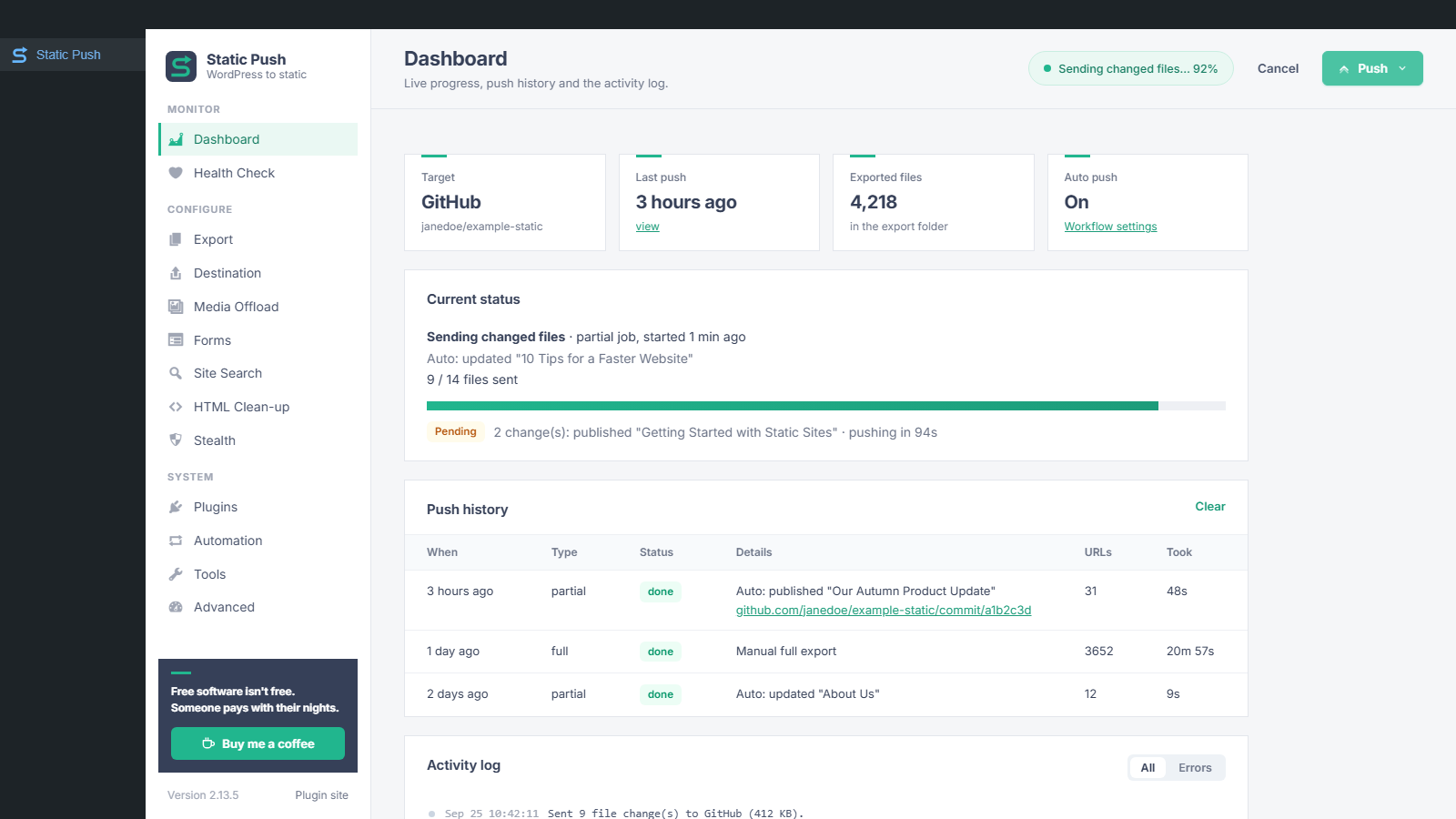 Static Site Push dashboard in WordPress