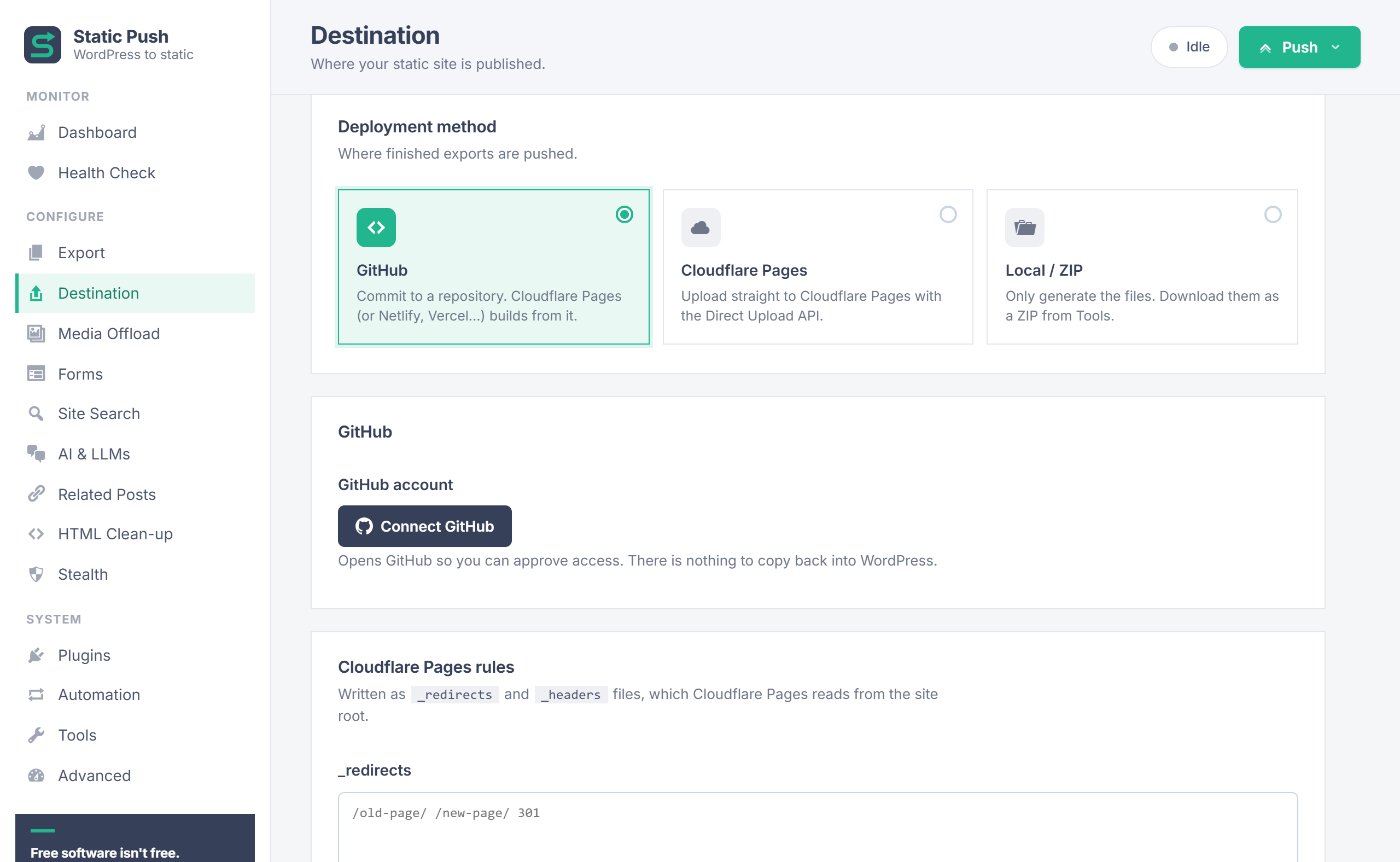 StaticPush Destination screen with the Connect GitHub button