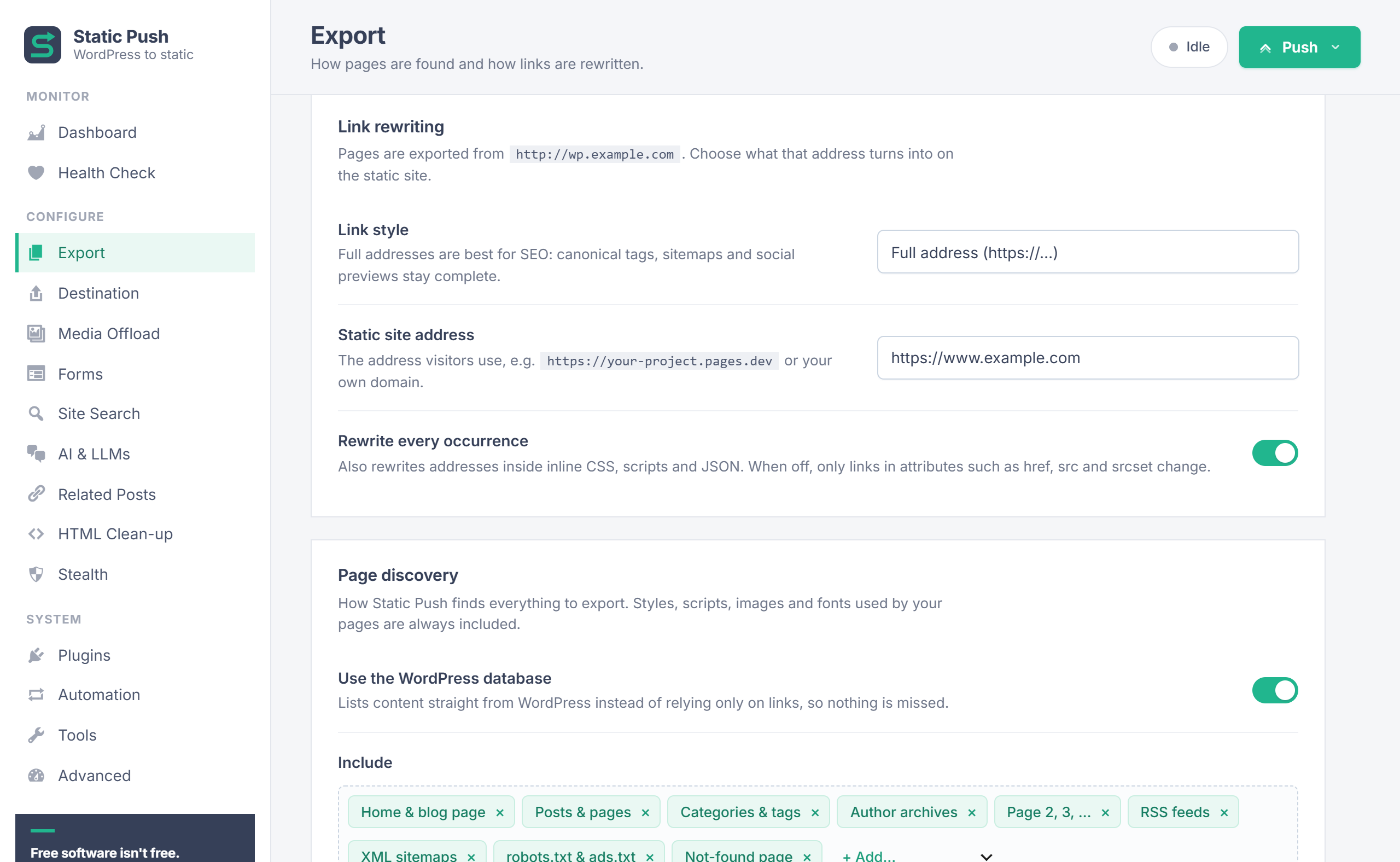 StaticPush Export screen with link rewriting and page discovery