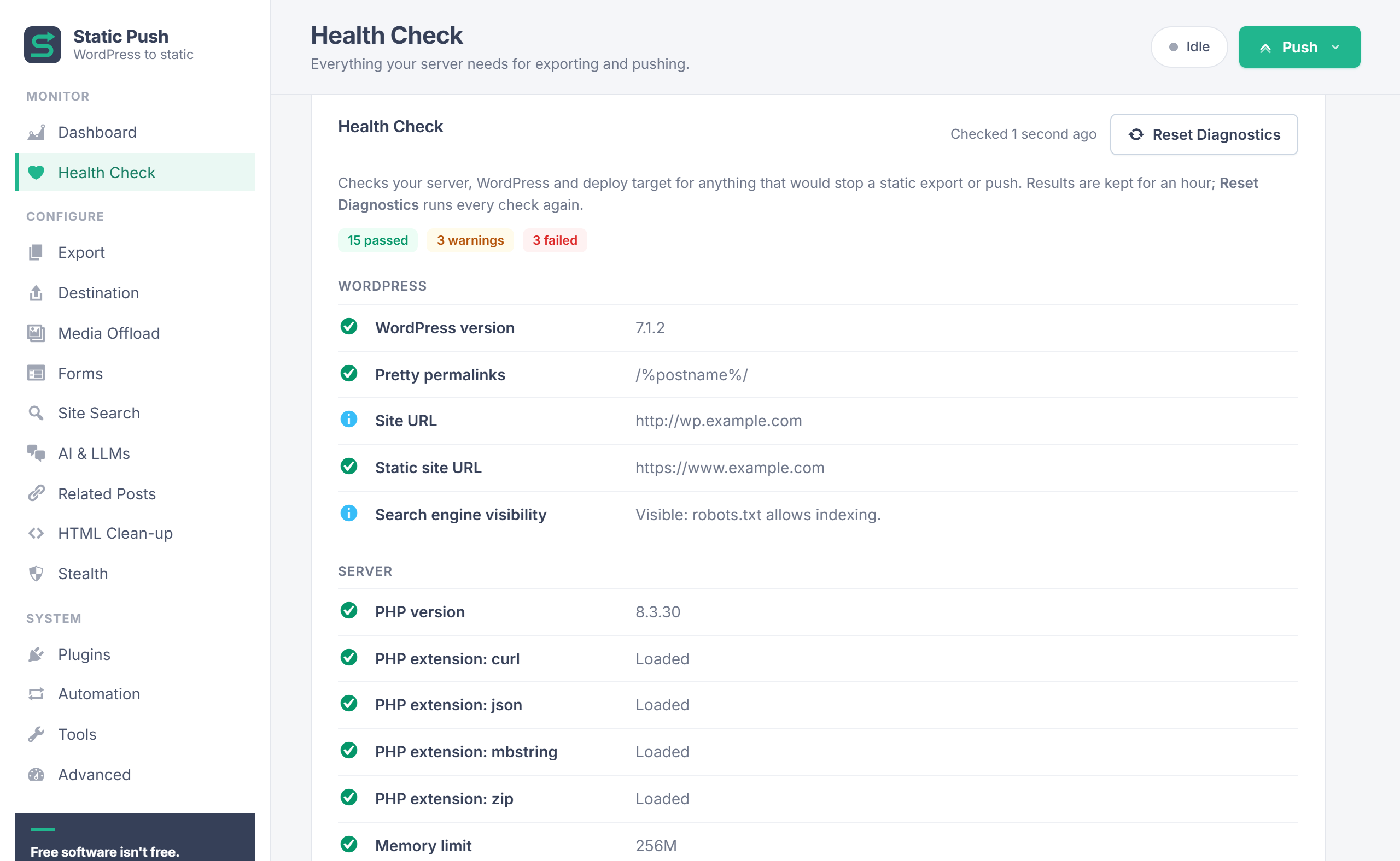 StaticPush Health Check results