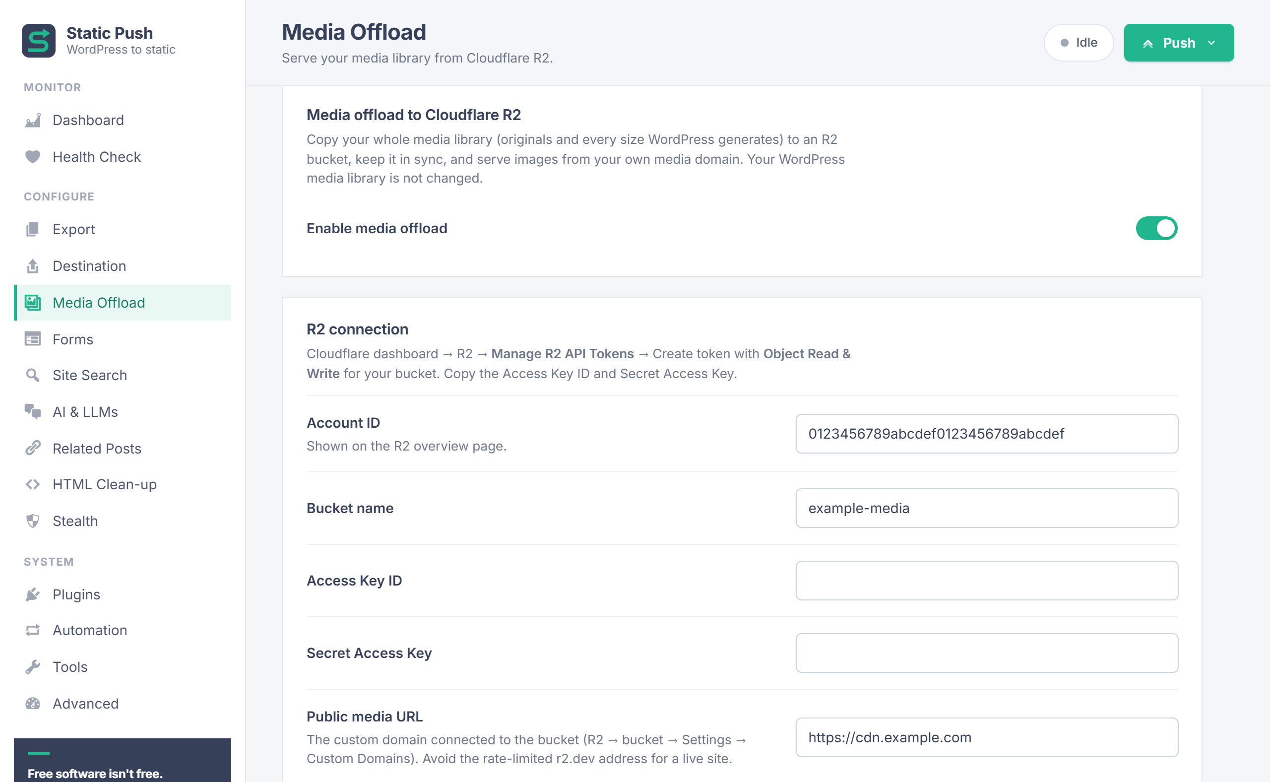 StaticPush Media Offload screen with the R2 connection settings