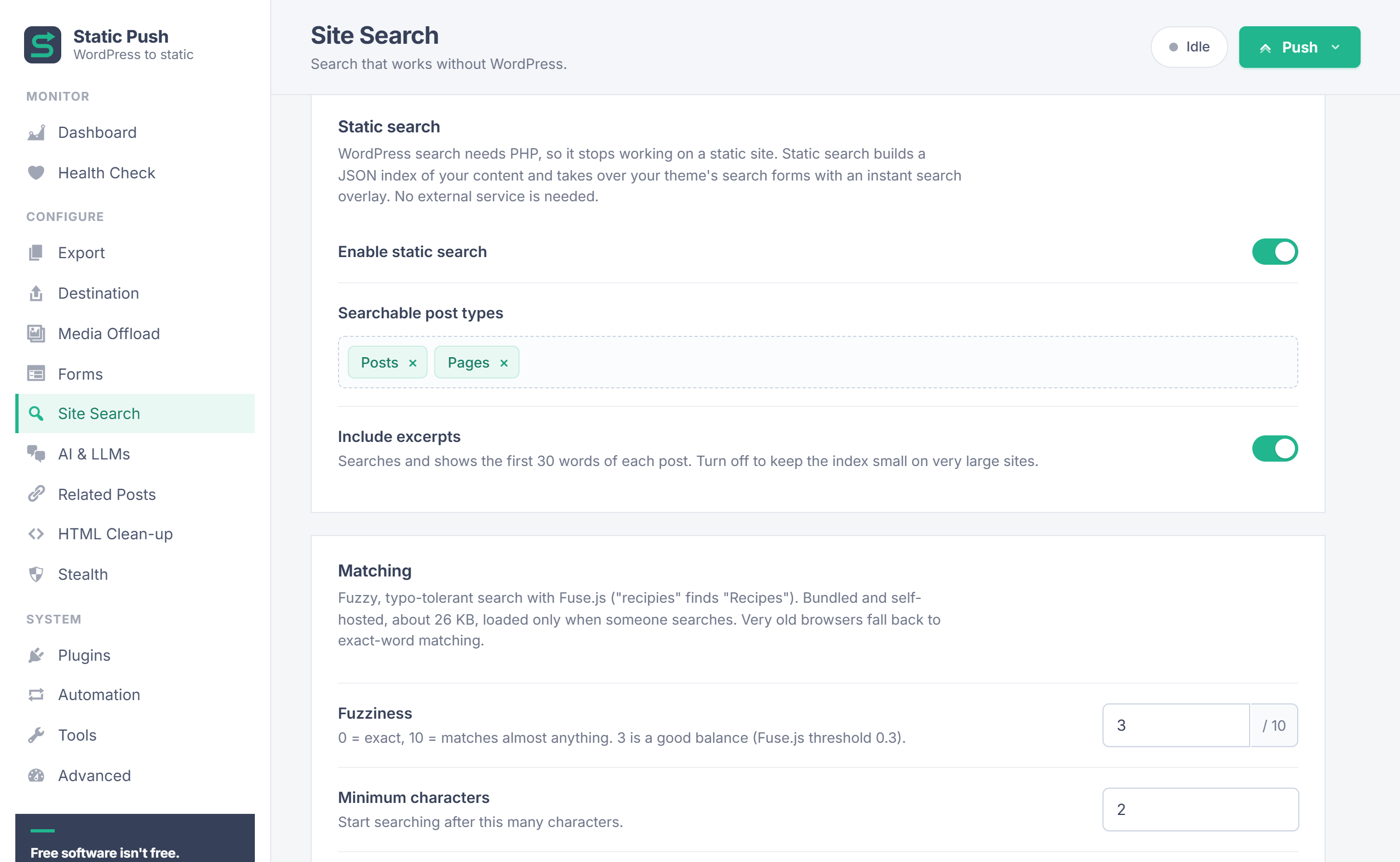 StaticPush Site Search settings